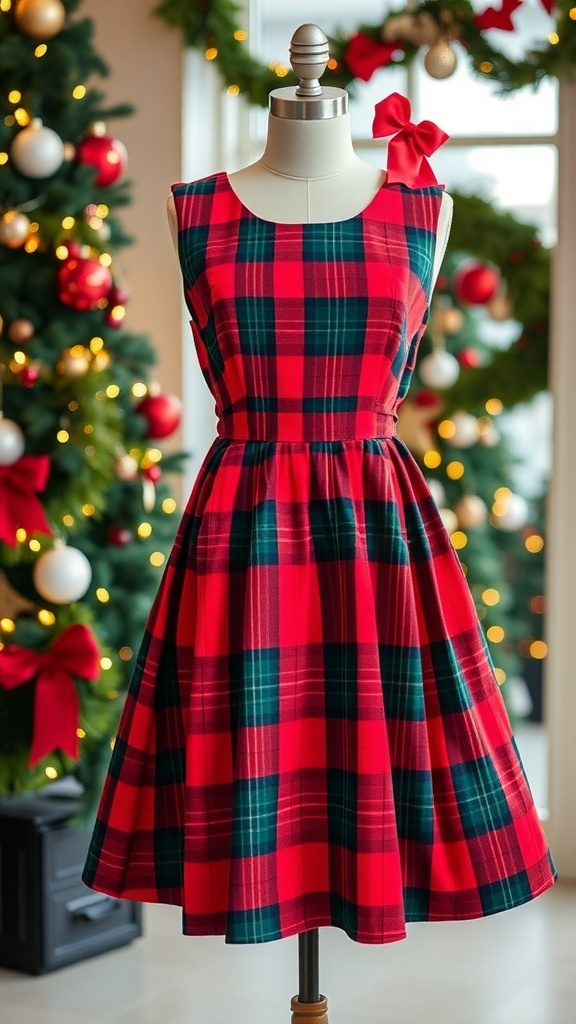Vintage Christmas Plaid Dress Recipe A vintage plaid dress on a mannequin, showcasing a festive design perfect for Christmas celebrations.